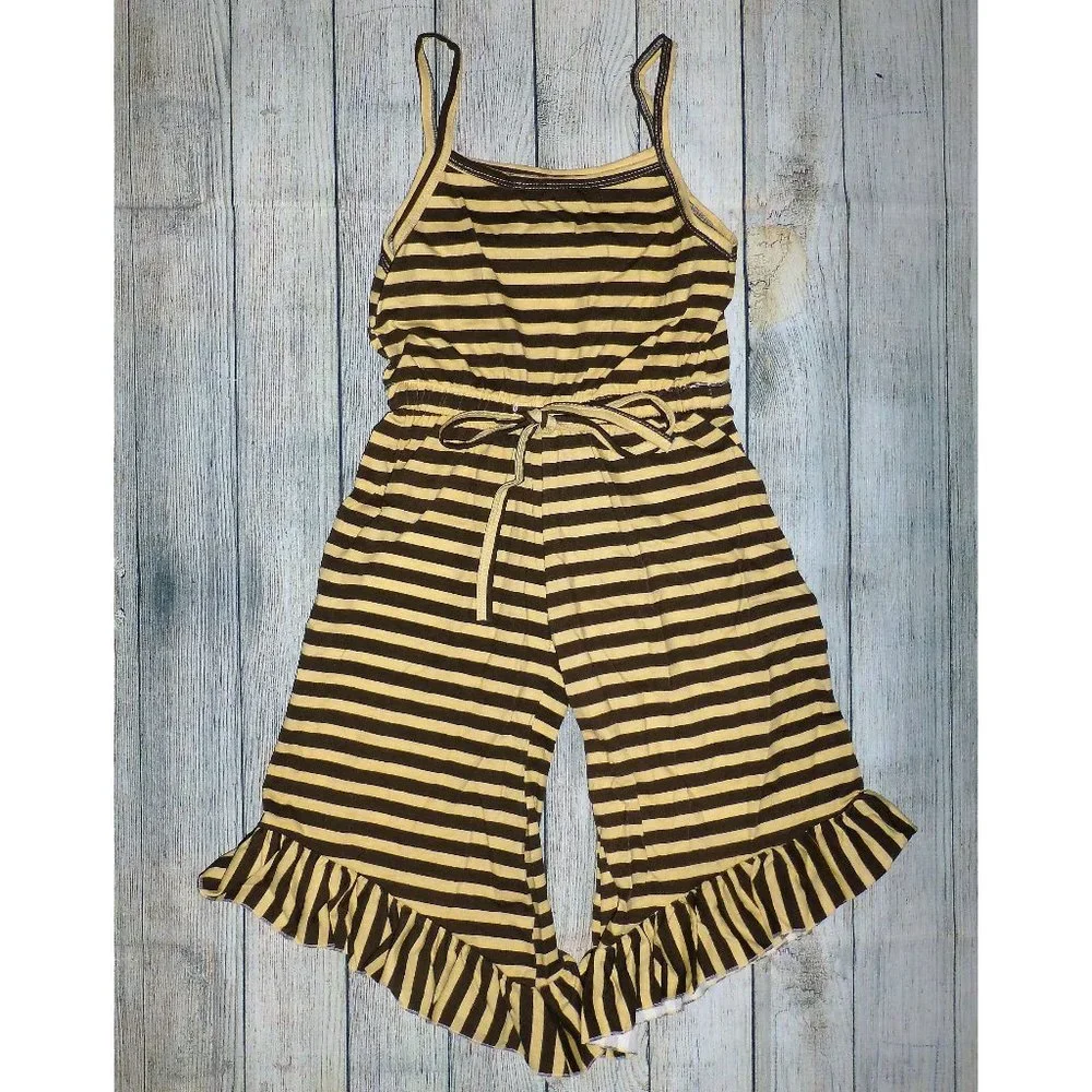 Boutique Girls Brown Striped Ruffle Romper Jumpsuit